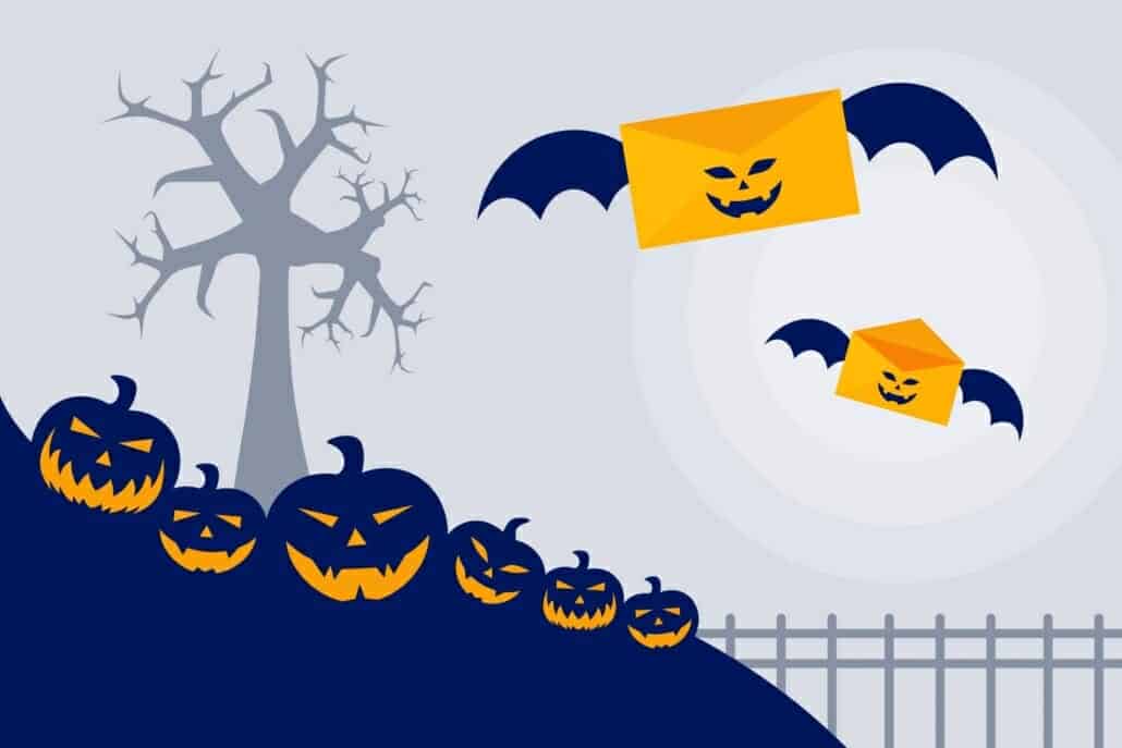 Halloween themed bat envelopes and jack-o-lanterns in a scary scene for email scammers