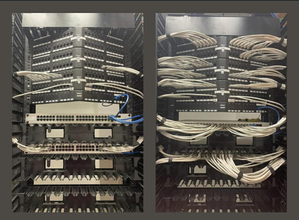 Before and after view of a professionally organized network rack installation completed by Bastionpoint Technology in Richmond, Virginia