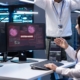 Team of developers in server hub frightened by hacker passing firewall
