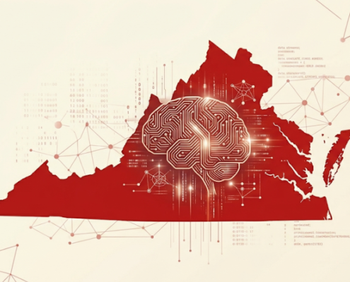 Stylized red silhouette of Virginia with a digital brain graphic overlay, featuring circuit patterns and network connections symbolizing technology, data, and innovation within the state.