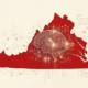Stylized red silhouette of Virginia with a digital brain graphic overlay, featuring circuit patterns and network connections symbolizing technology, data, and innovation within the state.