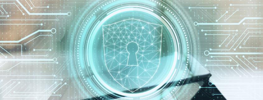 digital cybersecurity padlock shield displayed over tablet representing endpoint protection and network security for business devices