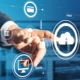 Business professional interacting with cloud computing and IT infrastructure icons representing fully managed IT services, data backup, cybersecurity, and cloud solutions