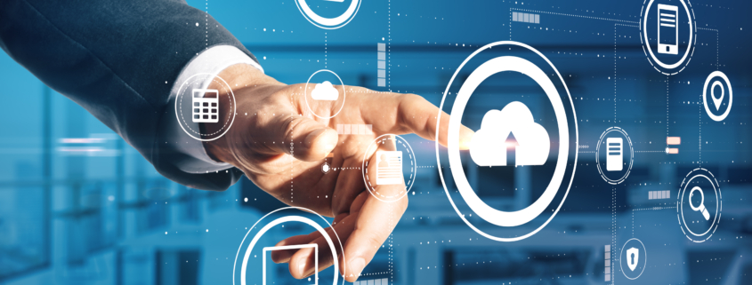Business professional interacting with cloud computing and IT infrastructure icons representing fully managed IT services, data backup, cybersecurity, and cloud solutions