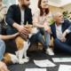 Local business team gathered together with a dog in a collaborative workplace setting