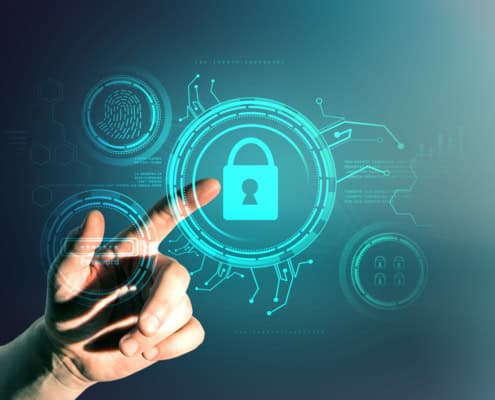 Hand entering a password on a digital interface with a glowing padlock icon, representing cybersecurity and secure access.