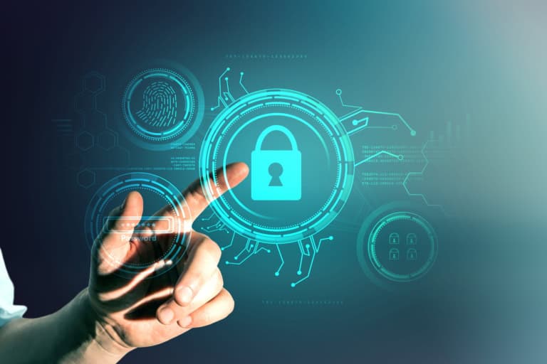 Hand entering a password on a digital interface with a glowing padlock icon, representing cybersecurity and secure access.